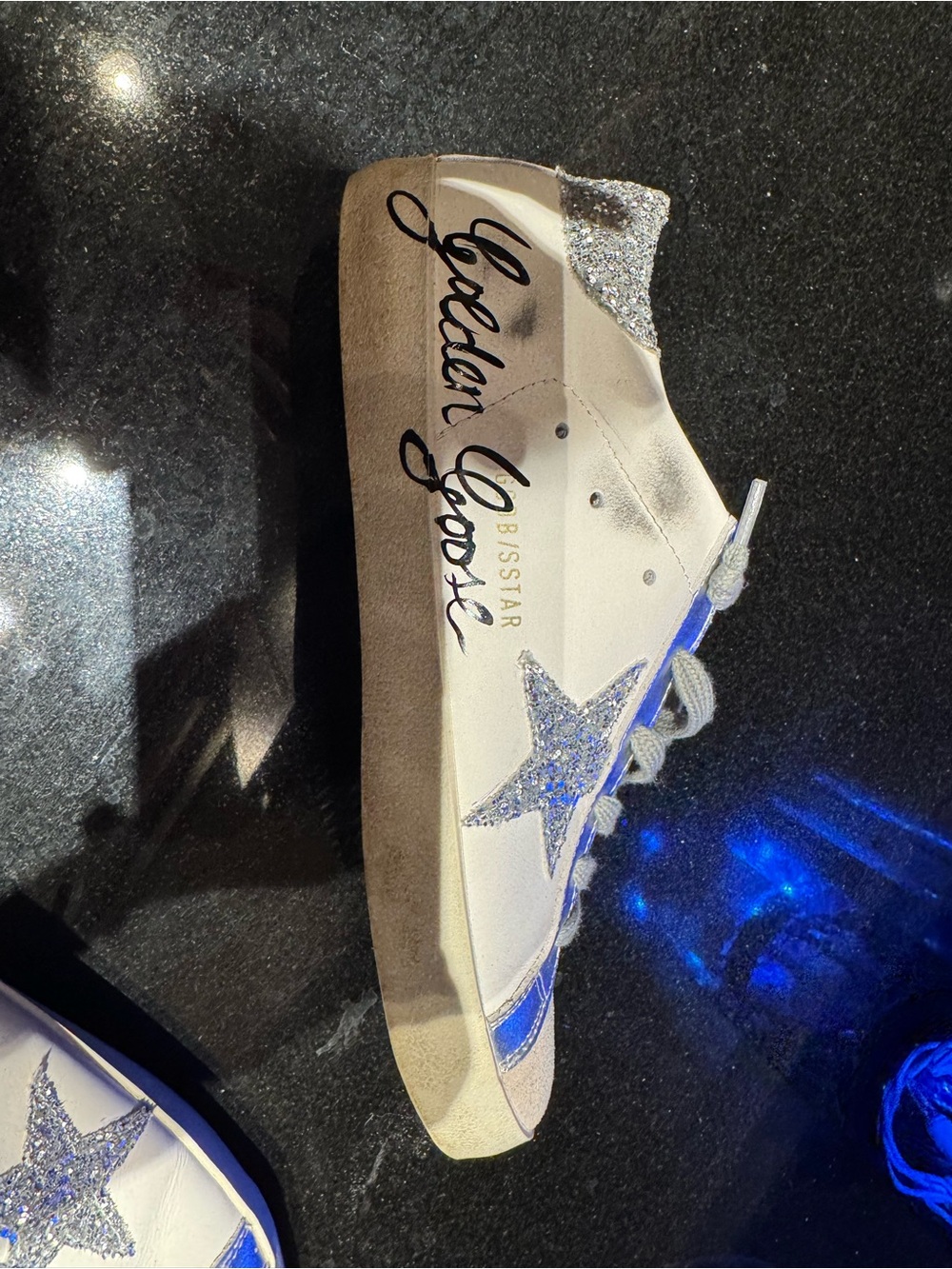 Golden Goose White Leather Sneaker with Silver Glitter Star and silver trim